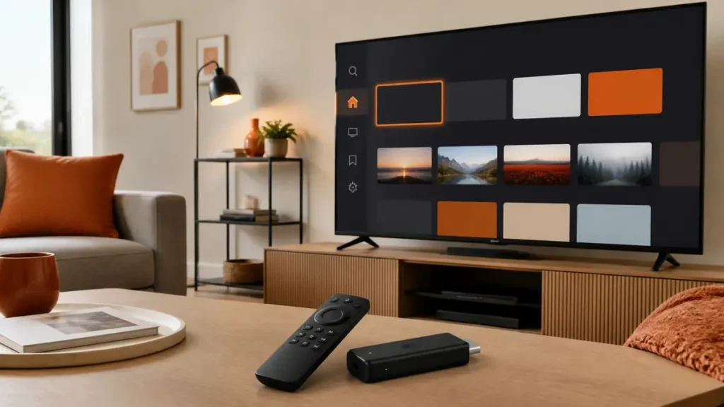 Téléviseur avec Fire TV Stick et télécommande pour installer une application IPTV