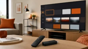 Téléviseur avec Fire TV Stick et télécommande pour installer une application IPTV