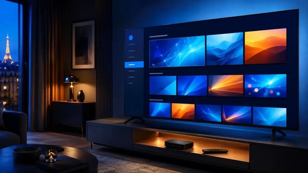 Application IPTV Android TV affichée sur une Smart TV avec boîtier