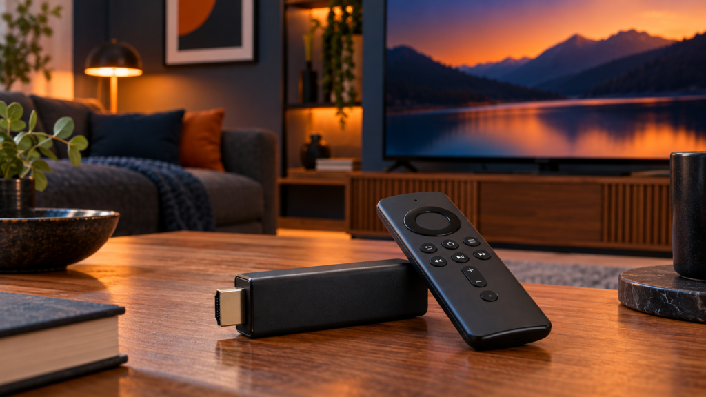 Boîtier de streaming HDMI et télécommande devant un téléviseur