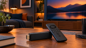 Boîtier de streaming HDMI et télécommande devant un téléviseur