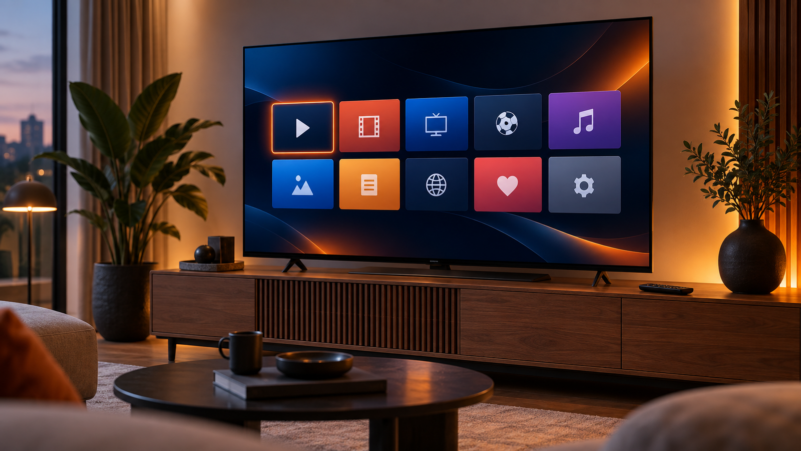 Téléviseur connecté affichant une interface de lecteur IPTV dans un salon